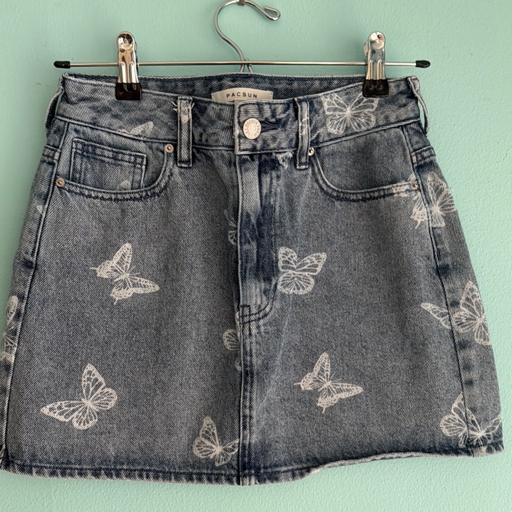 PacSun Blue Denim Skirt with Butterfly Print